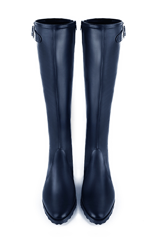Navy blue women's knee-high boots with buckles. Round toe. Flat rubber soles. Made to measure. Top view - Florence KOOIJMAN